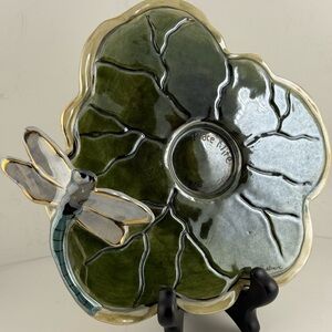 Heather Goldminc signed vintage Green Leaf Art Plate with Dragonfly Design